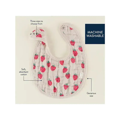 Bibs designed for babies featuring a strawberries and cream pattern, made of soft, absorbent cotton, machine washable.