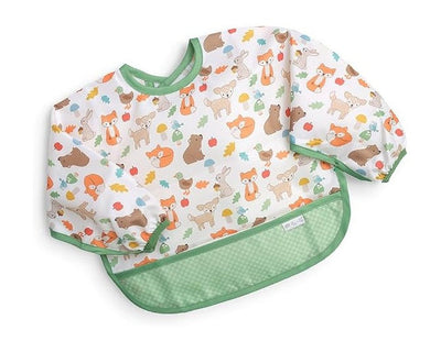 Long sleeve water-resistant bib featuring a colorful animal print with foxes, bears, and leaves, designed for toddlers.