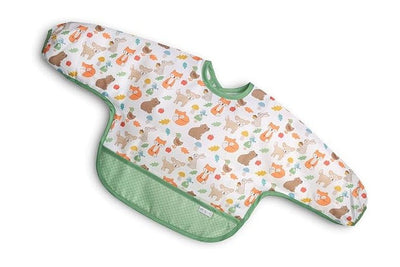 Long sleeve, water-resistant bib featuring a colorful animal print with foxes, raccoons, and foliage designs.
