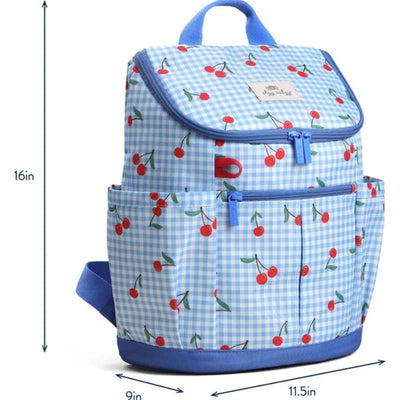 Itzy Ritzy Itzy Explorer™ preschool backpack in a cherry on top design with blue gingham pattern, featuring zippers and side pockets.