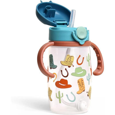 Straw cup with snap-close lid, featuring colorful cowboy-themed designs and easy-grip handles.