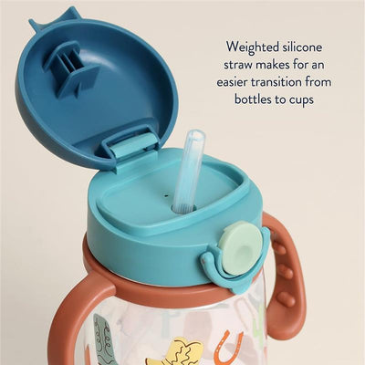 Straw cup with snap-close lid featuring a weighted silicone straw; plastic body adorned with colorful designs.