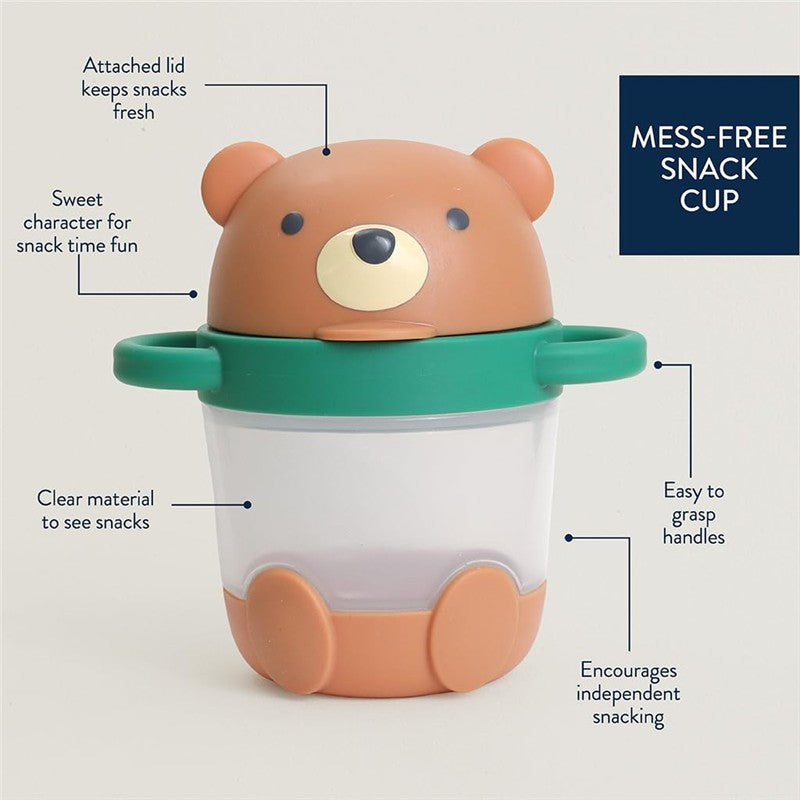 Mess-free snack cup designed like a bear, featuring an attached lid, clear material for visibility, and easy-grip handles.
