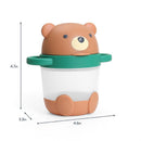 Itzy Ritzy Itzy Snack Pal in bear design, featuring a brown bear lid, green handles, and a clear container, measures 4.7in tall.