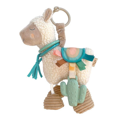 Activity plush llama featuring a teether cactus, colorful tags, and loop for attachment. Suitable for infants.