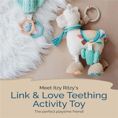 Itzy Ritzy Link & Love™ Activity Plush teething toy in the shape of a llama, featuring colorful teether attachments and accessories.