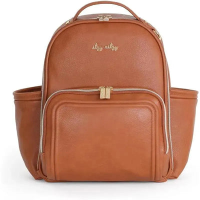 Mini Plus Diaper Bag by Itzy Ritzy in cognac color featuring gold accents, multiple compartments, and a sleek design.