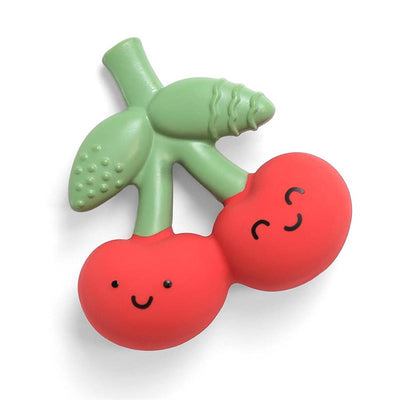 Natural rubber teether shaped like cherries, featuring smiling faces, green leaves, and a textured stem.