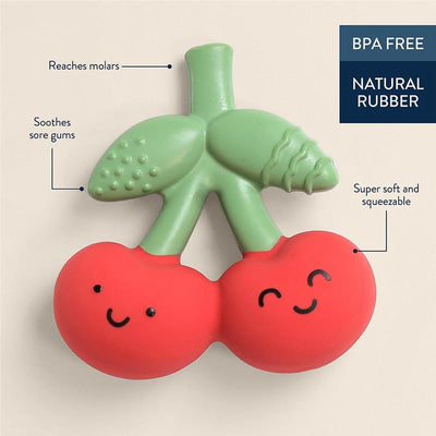 Natural rubber teether shaped like cherries, designed to soothe gums and reach molars, featuring soft, squeezable texture.