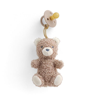 Pacifier and lovey set featuring a soft, light brown teddy bear with a yellow pacifier attached by a cord.