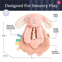Pink bunny lovey with a teether, featuring textured ribbons, gentle crinkle sounds, and designed for sensory play.