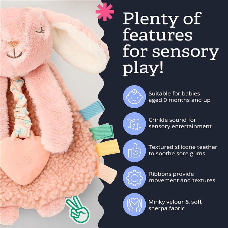 Pink bunny lovey with teether features crinkle sound, textured silicone teether, and ribbons for sensory play. Suitable for babies.