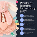 Pink bunny lovey with teether features crinkle sound, textured silicone teether, and ribbons for sensory play. Suitable for babies.
