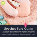 Pink bunny lovey with a heart-shaped silicone teether, ideal for soothing babies during teething discomfort.
