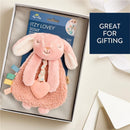 Pink bunny lovey with teether, featuring a soft plush design and colorful tags, presented in a gift box.
