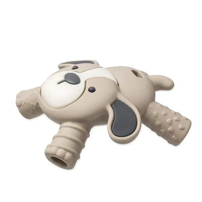 Puppy-shaped silicone teether with textured handles, designed for babies to soothe molars during teething.