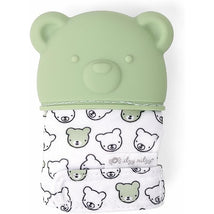 Sage green bear-shaped teething mitt with a soft fabric featuring a pattern of cute bears.