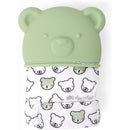 Sage green bear-shaped teething mitt with a soft fabric featuring a pattern of cute bears.
