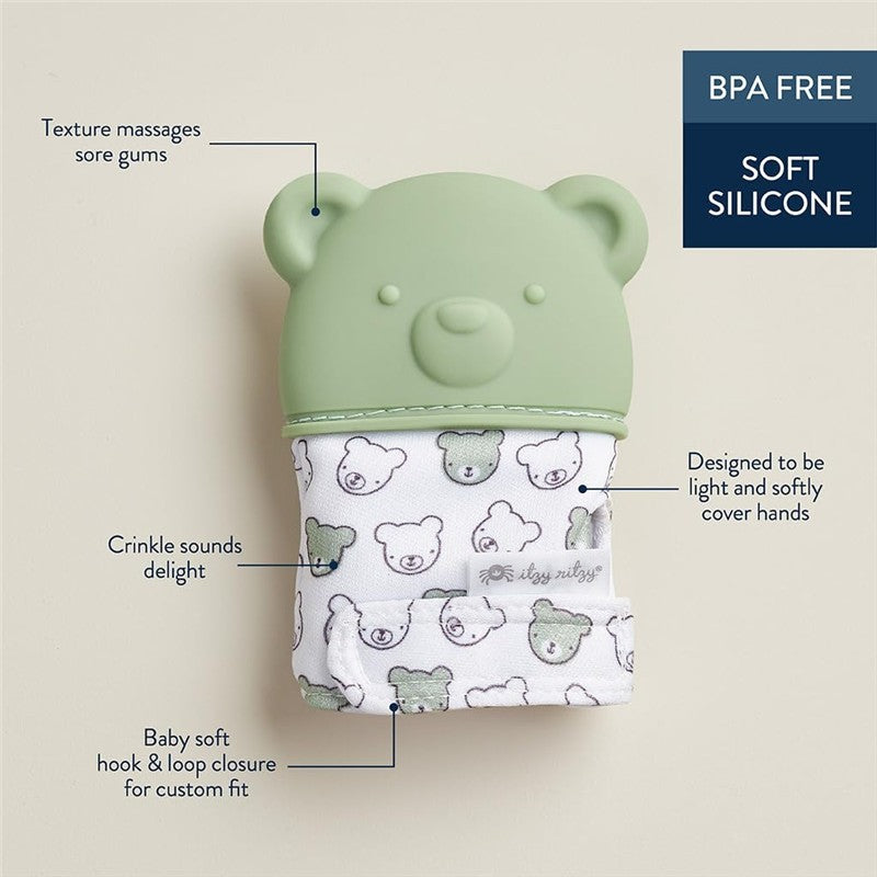 Sage Bear teething mitt made of soft silicone, featuring a bear design, crinkle sounds, and adjustable hook & loop closure.