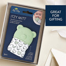Wearable silicone teether in bear shape, features textured fabric for soothing gums, packaged for gifting, suitable for ages 3 months and up.