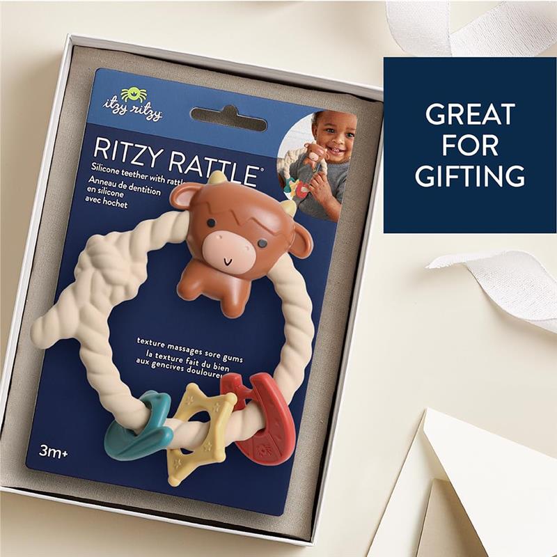Itzy Ritzy - Silicone Teether with Rattle, Highland Cow Image 4