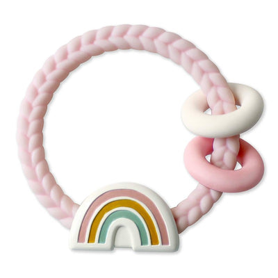 Silicone teether with a pink braided design, featuring a rainbow with pastel colors and two accompanying rings.