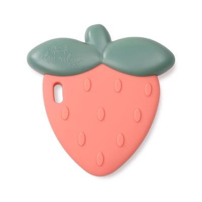Silicone teether shaped like a strawberry with a rattle sound, featuring a pink body and green leaves.