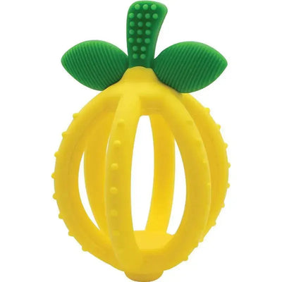 Yellow silicone teething ball shaped like a lemon, featuring textured surfaces and green leaf accents.
