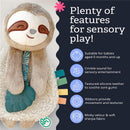 Itzy Ritzy Sloth Lovey with teether features a soft sloth design, textured silicone teether, crinkle sound, and colorful ribbons for sensory play.