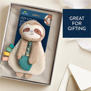 Plush sloth lovey with a silicone teether and colorful tags, packaged with a gift-friendly design.