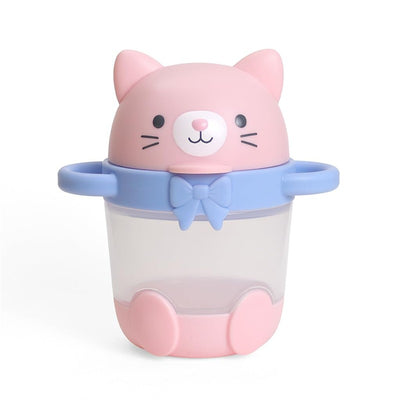Itzy Ritzy Snack Pal Snack Cup in kitty design, featuring a pink cat head and a clear container with blue accents.