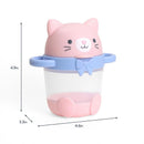 Kitty-themed snack cup with pink cat design, blue accents, clear body, handles, and dimensions marked.