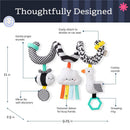 Spiral activity toy featuring a checkered design, hanging cloud, bee, and duck with sounds, mirror, and grasping ring.
