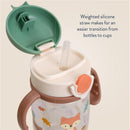 Woodland-themed straw cup with a weighted silicone straw and snap-close lid, designed for easy use by toddlers.