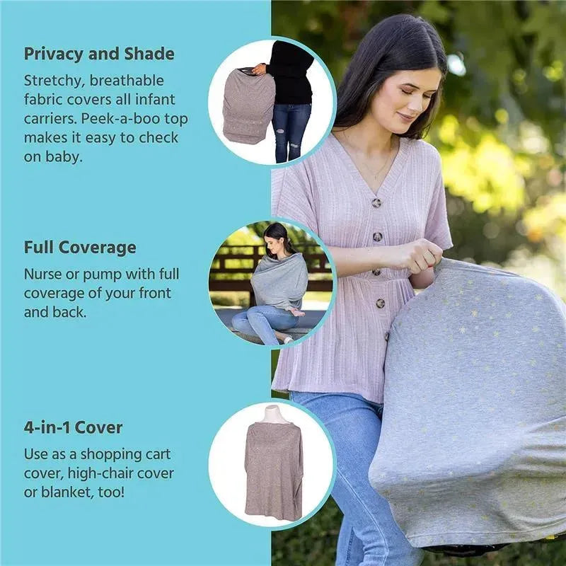 J.L. Childress - 4-in-1 Multi-Use Cover, Stretchy Car Seat Canopy and Privacy Cover, Grey/Gold Stars Image 4