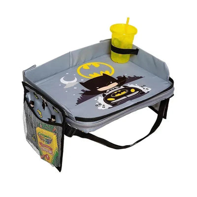Batman-themed travel tray with a cup holder, featuring a graphic of Batman and storage for crayons.