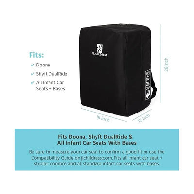 Black unpadded J.L. Childress Elite Travel Bag designed for Doona and other infant car seats, with size dimensions and compatibility details.