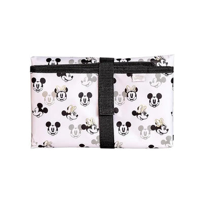 Full body changing pad featuring Mickey and Minnie Mouse patterns on an ivory background with a black strap.