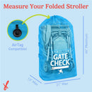 Neon blue gate check bag for strollers, showing dimensions and AirTag compatibility, protecting strollers during travel.