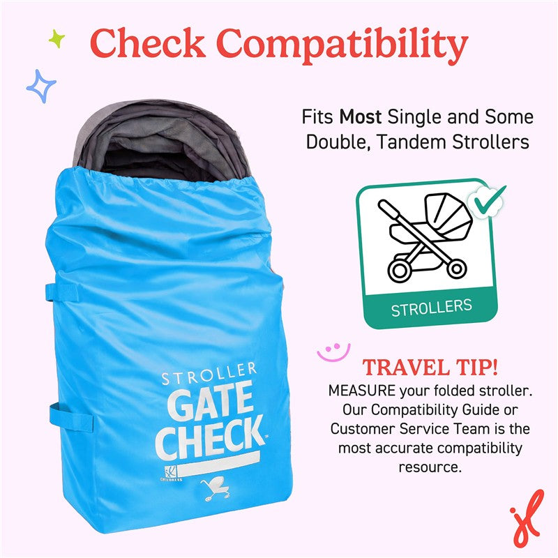 Neon blue J.L. Childress gate check bag designed for single and double strollers, featuring compatibility tip and instructions.
