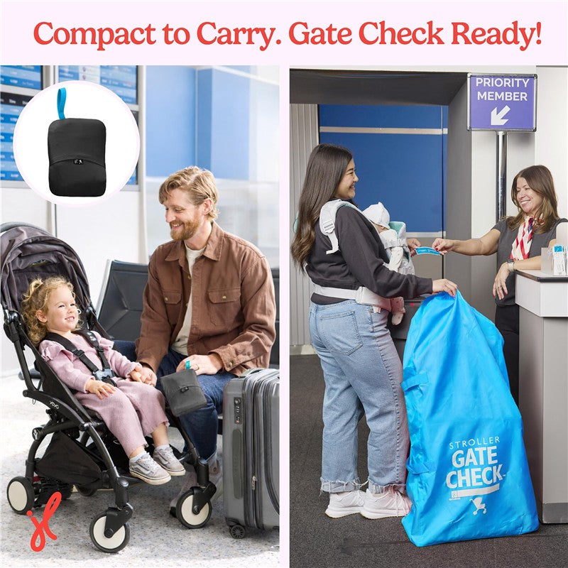 J.L. Childress Gate Check Bag for strollers, neon blue, shown in use at an airport for easy transport.