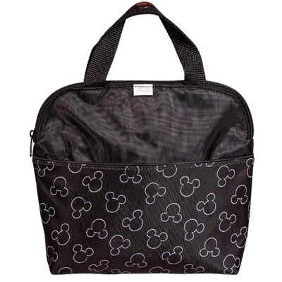 Black insulated cooler bag featuring a repeating Mickey Mouse pattern, designed to hold up to four bottles.