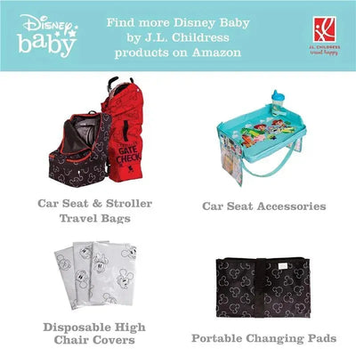 Multicolor Mickey Mouse car seat canopy and various Disney Baby accessories, including travel bags and changing pads.
