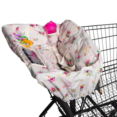 High chair and shopping cart cover featuring a floral design, equipped with a cup holder and colorful toys for toddlers.