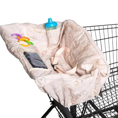 Shopping cart and high chair cover featuring Winnie the Pooh design, with pockets for toys and a bottle.