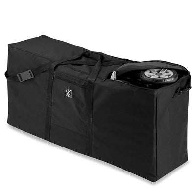 Black travel bag for single and double strollers, featuring zippers and straps with a wheel partially visible.
