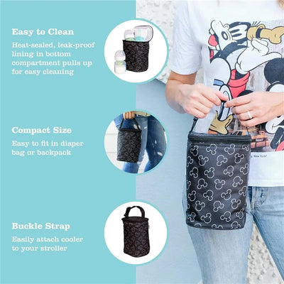 J.L. Childress Disney Twocool Double Bottle Cooler in black with Mickey Mouse patterns, featuring compact design and buckle strap.