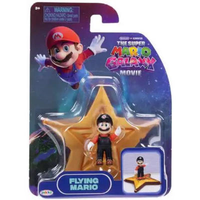 Flying Mario figure from Jakks, packaged with a star base, features a smiling character in red and blue attire.