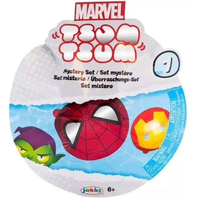 Marvel Tsum Tsum mystery set featuring Spider-Man, Iron Man, and Green Goblin characters on a colorful packaging.
