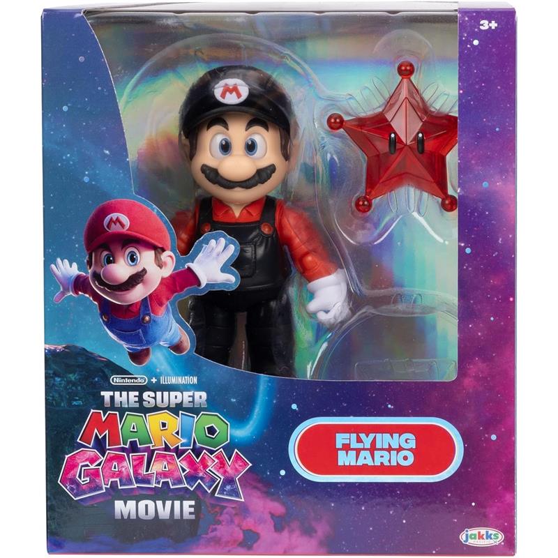 Flying Mario action figure from Jakks, featuring Mario in red and black attire, with a star-shaped item included.